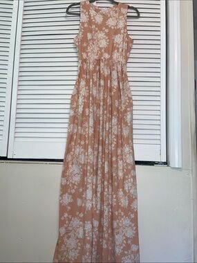Reb & J Sleeveless Maxi Dress Womans L Peach/Cream Empire Waist USA Cottagecore
